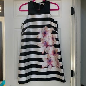 RACHEL Rachel Roy Black & White Striped Mini Dress with Pink Floral Accent